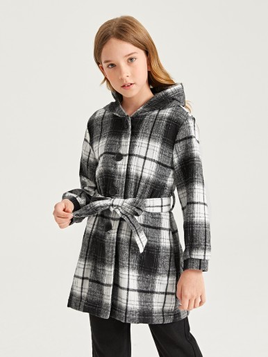 Girls Tartan Print Hooded Belted Overcoat