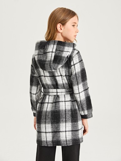 Girls Tartan Print Hooded Belted Overcoat