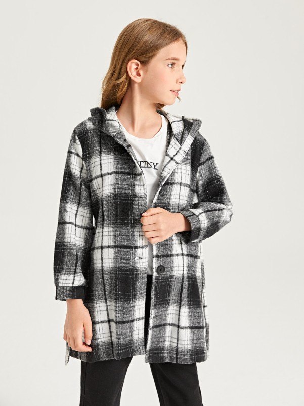 Girls Tartan Print Hooded Belted Overcoat