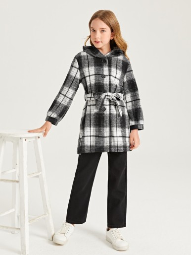 Girls Tartan Print Hooded Belted Overcoat