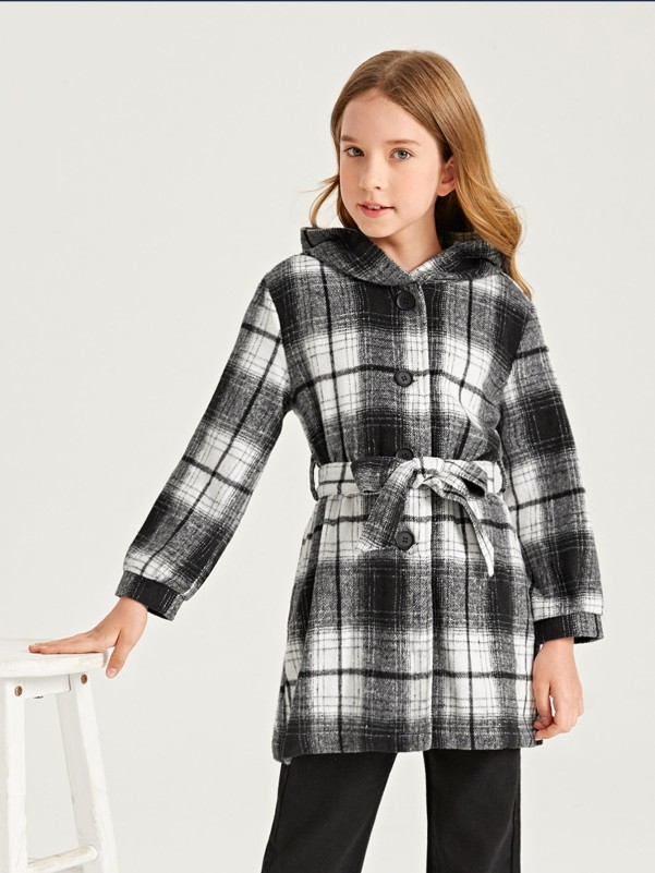 Girls Tartan Print Hooded Belted Overcoat