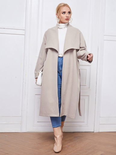 Plus Waterfall Collar Open Front Belted Coat