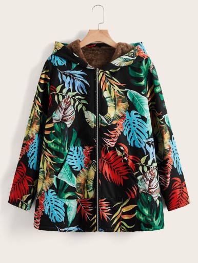 Plus Tropical Print Teddy Lined Hooded Coat