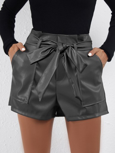 Paperbag Waist Belted Slant Pocket PU Leather Shorts