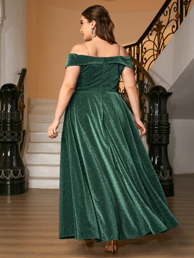 Plus Glitter Foldover Bardot Formal Dress With Transparent Strap