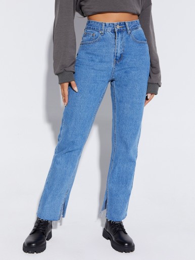 بنطال جينز بأرجل مستقيمة وحاشية خام مقسمة