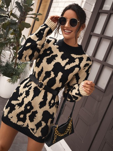 Mock-neck Graphic Pattern Longline Sweater Without Belt