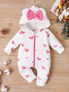 Baby Heart Print Bow Hooded Jumpsuit