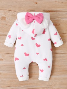 Baby Heart Print Bow Hooded Jumpsuit