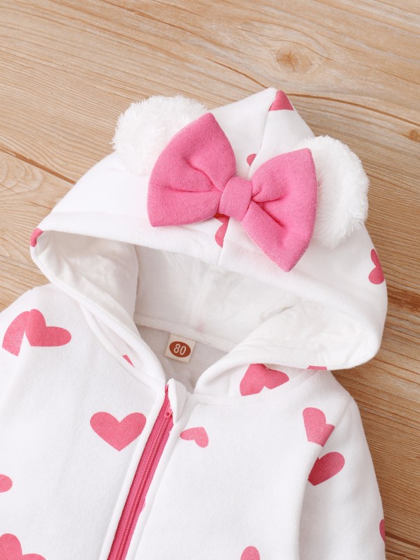 Baby Heart Print Bow Hooded Jumpsuit