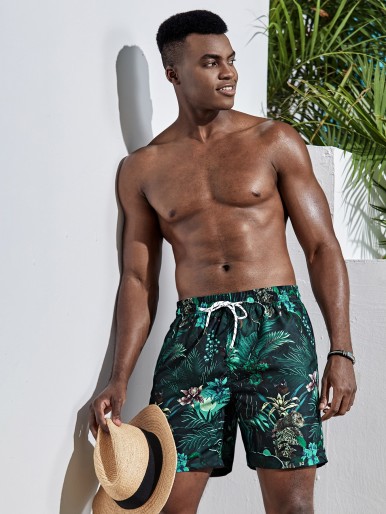 Men Tropical Print Drawstring Swim Trunks