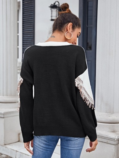 Contrast Sequin Fringe Trim Color Block Sweater