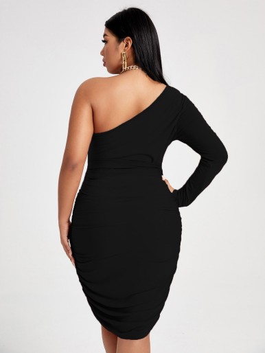 Plus Ruched One Shoulder Belted Bodycon Dress