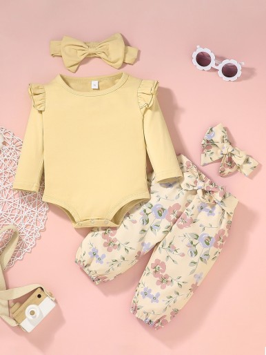 Baby Girl Tiered Layer Ruffle Trim Bodysuit & Floral Pants & Headband