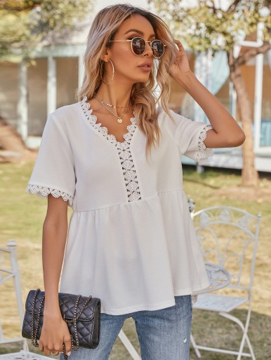 Contrast Lace Scallop Babydoll Blouse