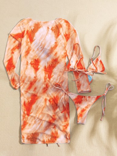 3pack Tie Dye Bikini Swimsuit & Drawstring Cover Up