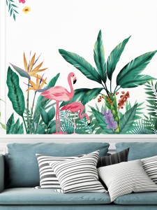 ملصق حائط بطبعة فلامنغو ونباتات