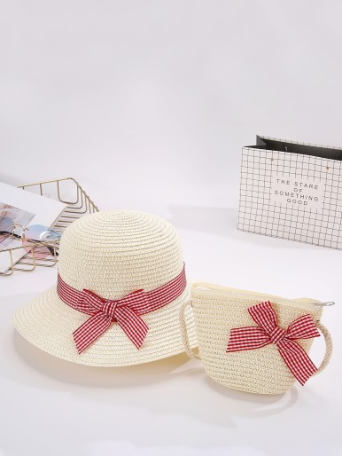 Girls Gingham Bow Decor Straw Bag With Straw Hat