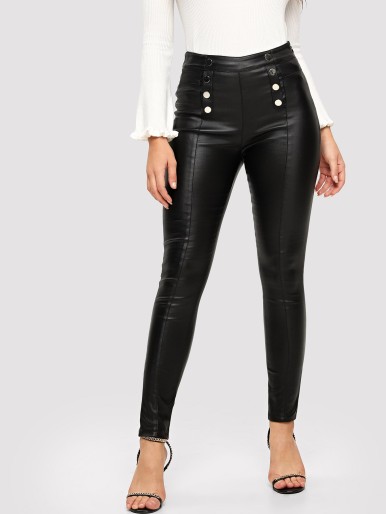 High Waist High Stretch Double Breasted Leather Look Skinny Jeans