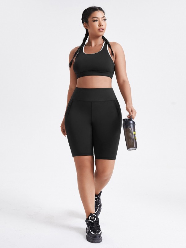 Plus Contrast Mesh Biker Shorts With Phone Pocket