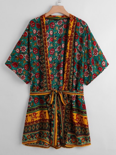 Plus Tribal Floral Self Tie Kimono
