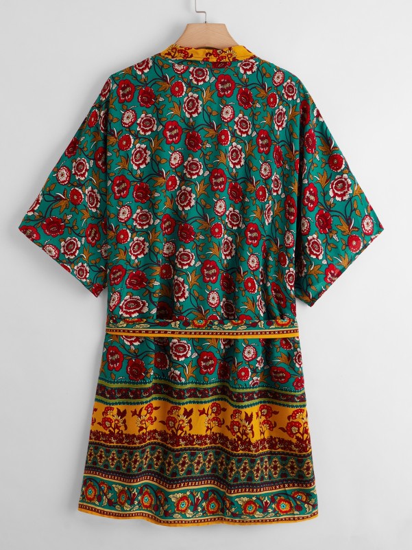 Plus Tribal Floral Self Tie Kimono