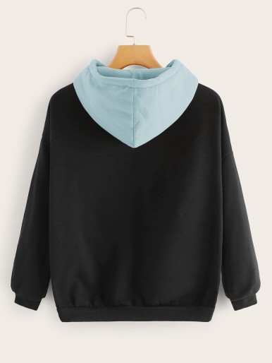 Letter Embroidery Drawstring Contrast Hooded Sweatshirt