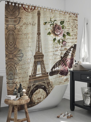 Eiffel Tower Print Shower Vintage Curtain With 12hooks