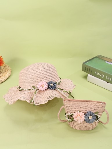 Girls Floral Decor Straw Bag With Straw Hat