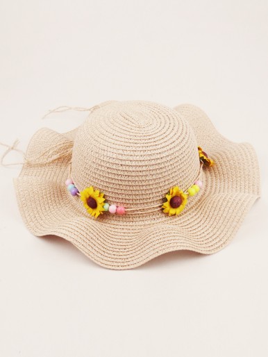 Girls Sunflower Decor Ruffle Brim Straw Hat