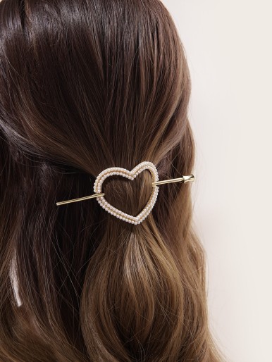 Faux Pearl Heart Decor Hair Slide With Stick