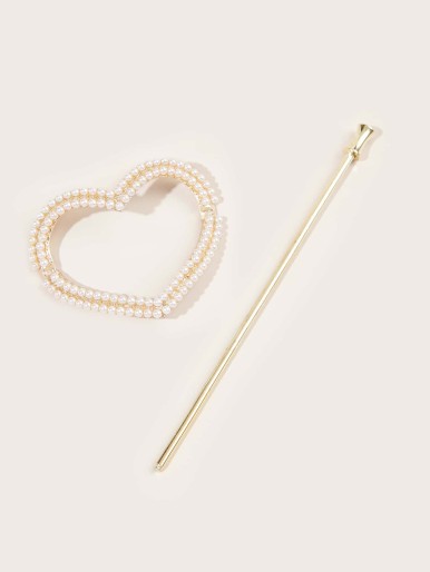 Faux Pearl Heart Decor Hair Slide With Stick