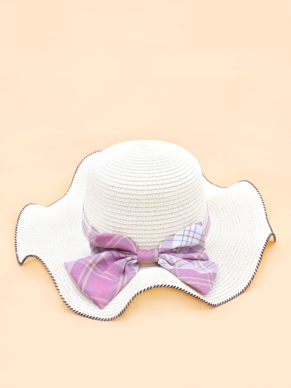 Plaid Bow Decor Straw Hat