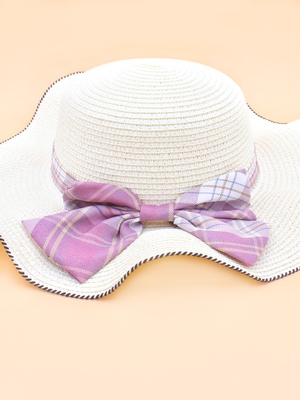 Plaid Bow Decor Straw Hat