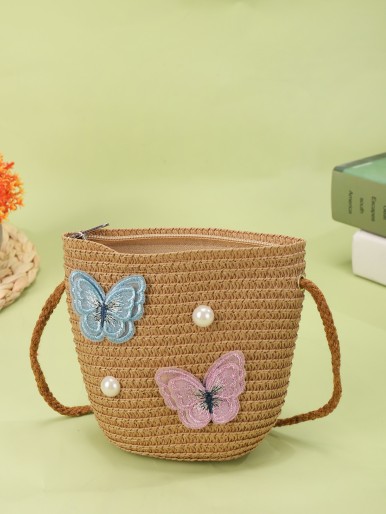 Girls Butterfly Decor Straw Bag With Straw Hat