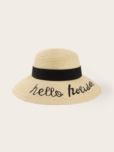 Band Decor Slogan Embroidered Straw Hat