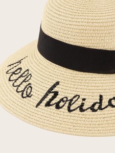 Band Decor Slogan Embroidered Straw Hat