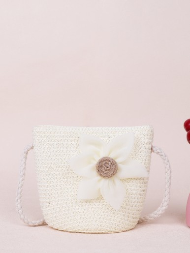 Girls Applique Straw Crossbody Bag