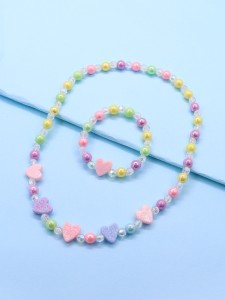 Toddler Girls Heart Decor Beaded Necklace & Bracelet