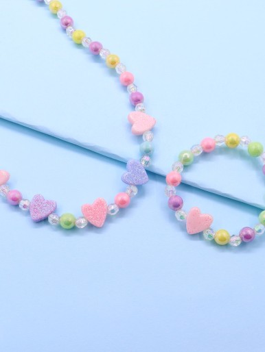 Toddler Girls Heart Decor Beaded Necklace & Bracelet