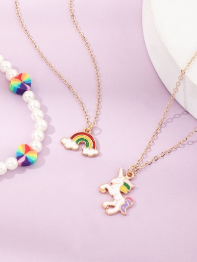 3pcs Girls Rainbow Charm Necklace