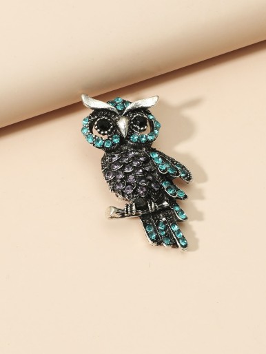 Rhinestone Owl Design Brooch