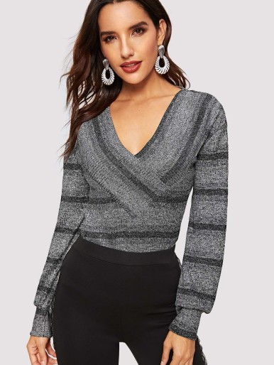 Surplice Neck Striped Marled Knit Top