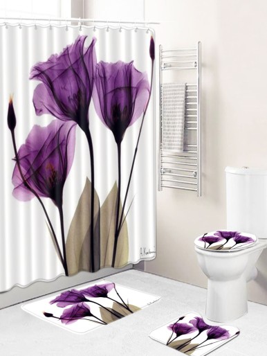 قطعة واحدة من سجادة الحمام أو ستارة الحمام بطبعة زهور