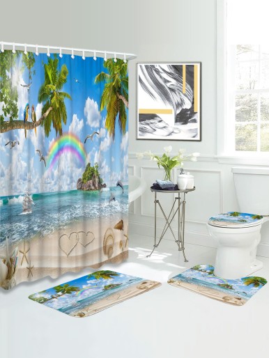 1pc Beach & Coconut Tree Print Bath Rug Or 1pc Shower Curtain