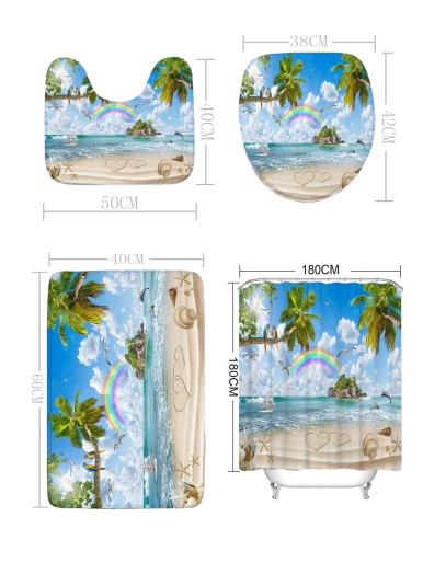 1pc Beach & Coconut Tree Print Bath Rug Or 1pc Shower Curtain