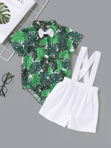 Baby Boy Tropical Print Bow Romper & Overall Shorts