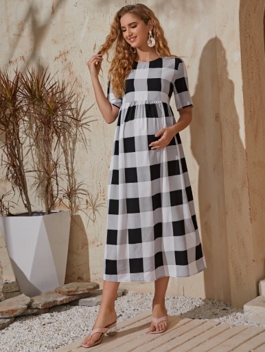 Maternity Keyhole Back Gingham Dress