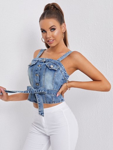 Button Front Belted Denim Cami Top