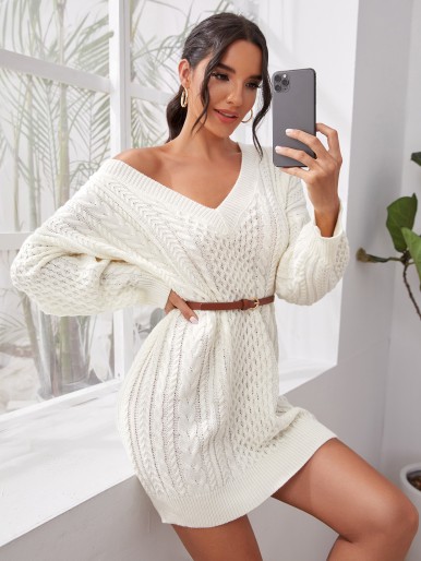 V-neck Cable Knit Sweater Dress Without Belt